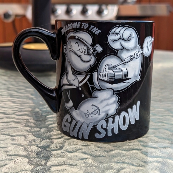 Popeye 14 oz Coffee Mug, "Welcome to the Gun Show" - Picture 2 of 4
